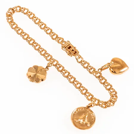 Armband Bismarck 19,5cm bredd 4,5mm med tre berlocker, buckla på Helena Elisabeth berlock, 18K 10,2g. 