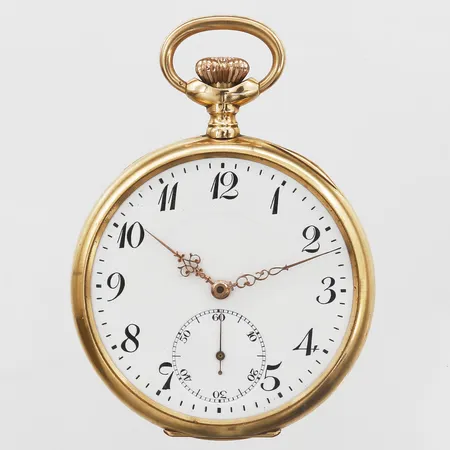 Fickur 18K manuell 50mm, boettnr 61761, defekt går ej, liten sekundvisare, saknar glas, gravyr ut- och invändigt, innerboett i metall, brv: 84,7g