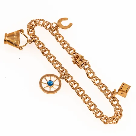 Armband Bismarck med fyra berlocker, berlock hink bucklig, 19cm, bredd 5,3 mm 18K 13,8g. 