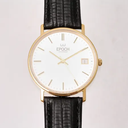 Herrur Epoch Stockholm i 18K guld, quartz, Ø33,5mm armband i läder, box, garantifolder, personlig gravyr på boett, i behov av batteribyte, nyskick.