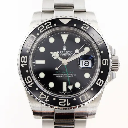 Herrur Rolex GMT-Master II, stål, automatisk, Ø40mm, svart urtavla, ref 116710LN, caliber 3186, verknr 31734549, boettnr 2360, serienr M432716, Oyster stållänk 20,5cm, certifikat Bergströms April 2008 Malmö, inga övriga tillbehör.