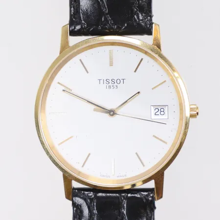 Herrur Tissot, Ø33mm, quartz, datum, orginalband, gravyr, batteribyte krävs, 18K i boett, bruttovikt Vikt: 30 g