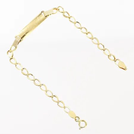 Armband platta längd 14cm bredd 3mm, skevheter, gravyr, 18K. Vikt: 2 g