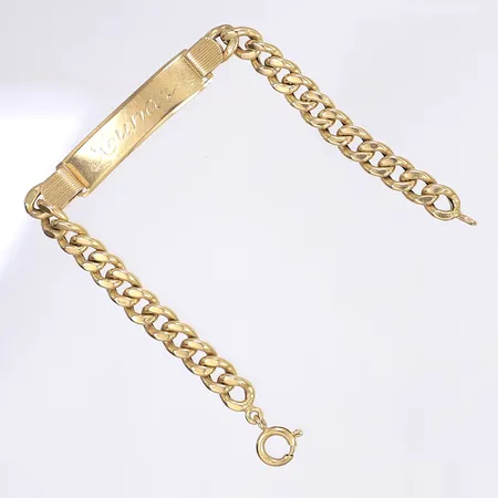 Armband pansarlänk med platta längd 20cm bredd 7-10mm repigt gravyr 18K Vikt: 14,3 g
