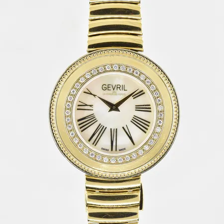 Damur Gevril Gandria La Chaux-De-Fonds med diamanter 40x0,01ct, quartz, förgyllt stål, Ø36mm, refnr 12121B, limited edition 058/500, safirglas, pärlemorurtavla, viklås, extra länkar, diamant certifikat, manual, box, ytterkartong.