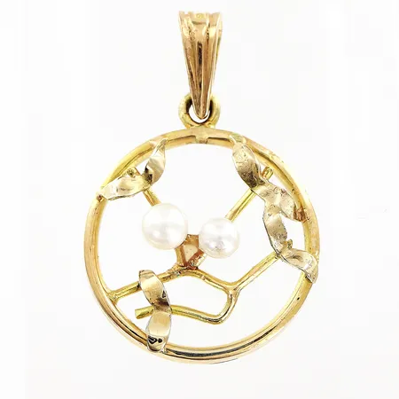 Hänge med odlade pärlor längd 32mm, bredd Ø21mm, limrester under pärlor, 18K  Vikt: 4,5 g