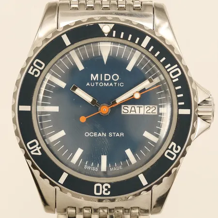 Herrur Mido Ocean Star stål automatisk Ø40.5mm ref.nr:M026830A boett.nr:LBZ KM3 3GL datum dag original stållänk, extra textilläderband, extra länkbitar manual garantikort ej i fyllt verktyg till armbandet kvitto från Uret box ytterkartong