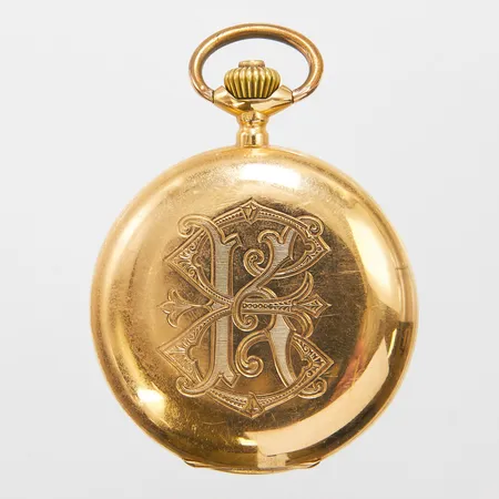 Savonett 18K Ø52,5mm manuell, liten sekundvisare, boettnr: 232093, monogramgravyr, på lock personlig gravyr på innerboett, bucklor, repor, trög krona, bruttovikt 96,2g, tillpassat etui