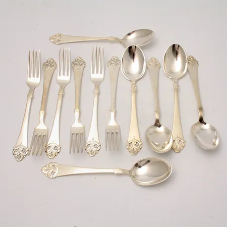 Bestick i nysilver, 6st skedar, 6st gafflar.