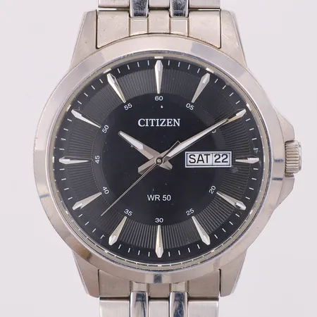 Herrur Citizen WR 50 dag/datum quartz Ø41mm stål, står still, stålarmband ca 20cm viklås