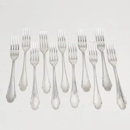 11 Förrättsgafflar modell: Haga, längd: 183mm, Mema, repiga, silver 830/1000 Vikt: 400,8 g