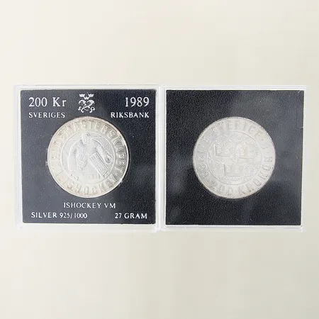 2 mynt Världsmästarskapet ishochey 2x200kr Ø36mm, 1989, plastetui, silver 925/1000 Vikt: 54 g