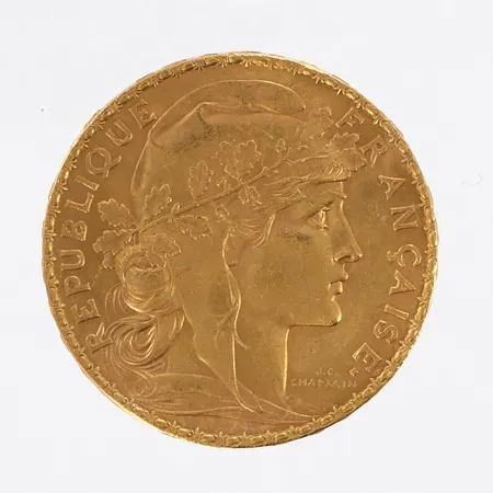 Mynt Ø21mm, 20 Francs Marianne, "Republique Francaise 1907", 21,6K Vikt: 6,4 g