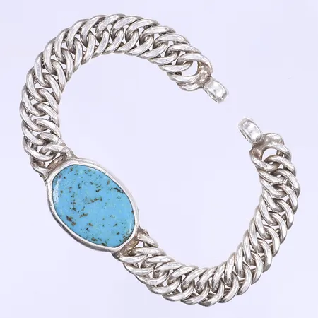 Armband flätad länk med turkos sten längd 18cm bredd 10-18mm defekt saknar lås silver 925/1000 Vikt: 38,3 g