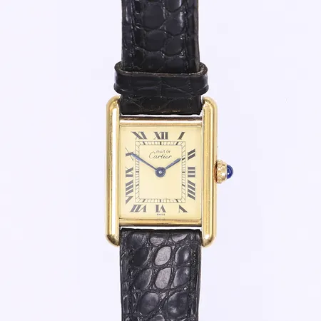 Armbandsur Cartier Must de Tank Vermeil 23,5x30,5mm quartz förgyllt silver refnr 50703 5057001 slitet läderband repig boett inga tillbehör