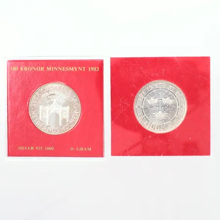 4 Minnesmynt Sveriges Riksdag 1983, nominellt värde 100kr, silver 925/1000 i fodral   Vikt: 64 g