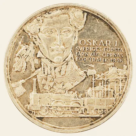 Mynt Kungariket Sverige Ø36mm Oskar I Sveriges första järnväg öppnas för trafik 1856 silver 925/1000 Vikt: 27,7 g