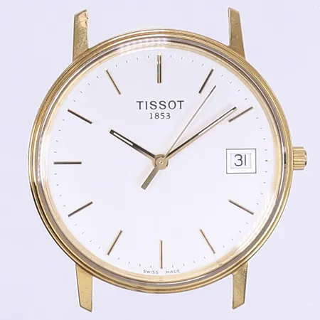 Herrur Tissot Ø34mm quartz datum tjänstegravyr 18K i boett behov av batteribyte Bruttovikt: 23,1g