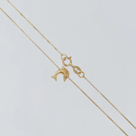 Kedja med integrerat hänge delfin längd 40cm bredd 0,5-6,5mm 14K. Vikt: 0,8 g