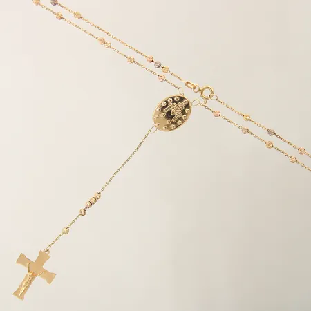 Collier med integrerade hängen samt kulor längd 46,5 bredd 0,7-3,3mm, trefärgad, 1 ögla skev 18K Vikt: 5,5 g