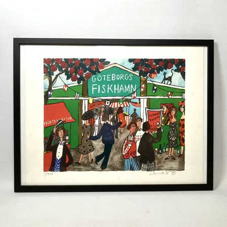 Tavla färglitografi av Marika Lang (född 1961) Göteborgs Fiskhamn signerad och numrerad 1/XXX bildstorlek 30x23,5cm ramad 