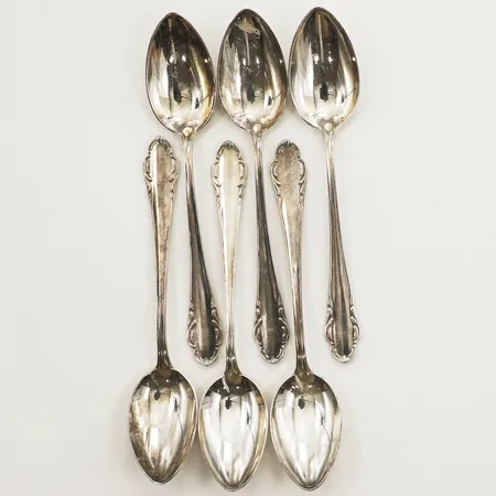 Sex kaffeskedar modell Haga längd ca 12cm Skandia Silver-& Nysilver Ab år 1944 Stockholm silver 830/1000 Vikt: 90 g