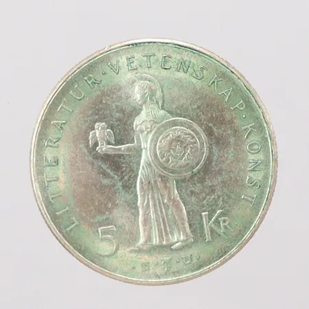 Mynt, 5kr Gustaf VI Adolf 1882 1962, Litteratur vetenskap konst, Ø34mm, silver 400/1000  Vikt: 17,9 g