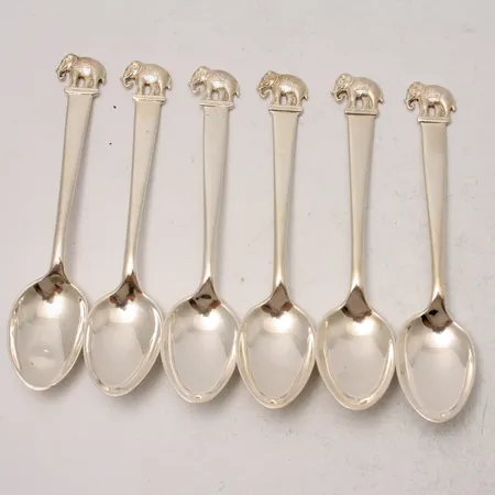 6st skedar elefant, 9,8cm, silver 925/1000, 1st är bucklig, 47,47g.