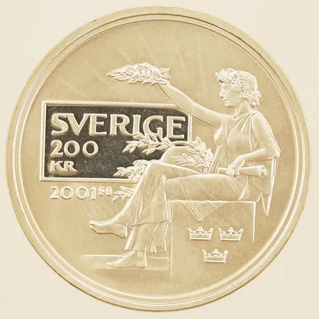 Minnesmynt 200kr Nobelprisets hundraårsjubileum 2001 Ø36mm 925/1000 silver Vikt: 27,2 g