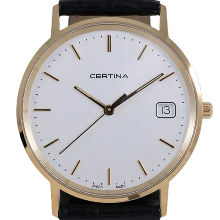 Herrur Certina guld 18K quartz 33,5mm datum safirglas, svart läderband, helt oanvänd, gravyr "För nit och redlighet i rikets tjänst", ask och certifikat medföljer. Går ej - Batteribyte krävs? Vikt: 0 g