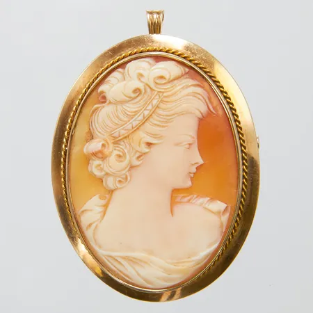 Brosch/hänge med snidad snäckskalskamé, 51,1x36,5mm, finska stämplar, personlig gravyr, skev broschnål, 14K Vikt: 10,6 g