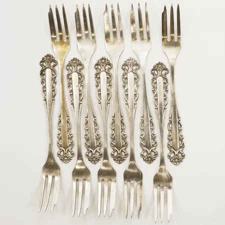 10 skinkgafflar 15cm tillverkad av Svedboms Guldsmeds Ab Hov år 1981 830/1000 silver Vikt: 226 g