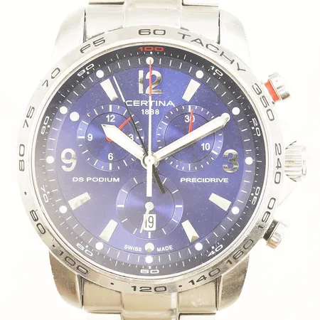 Herrur Certina DS Podium Chronograph stål quartz ref-nr:C001.647A Ø44mm armband inklusive boetten 21cm inga tillbehör batteribyte krävs repig.