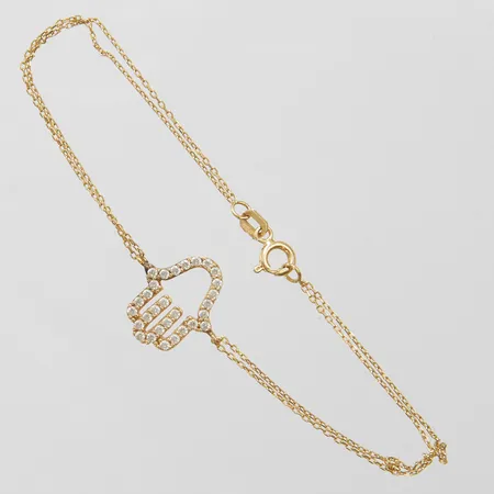 Armband dubbel Ankar längd: 17,5cm, bredd: 0,6mm/st, integrerat mittstycke Fatimas hand/Hamsa med vita stenar, 14K Vikt: 1,6 g