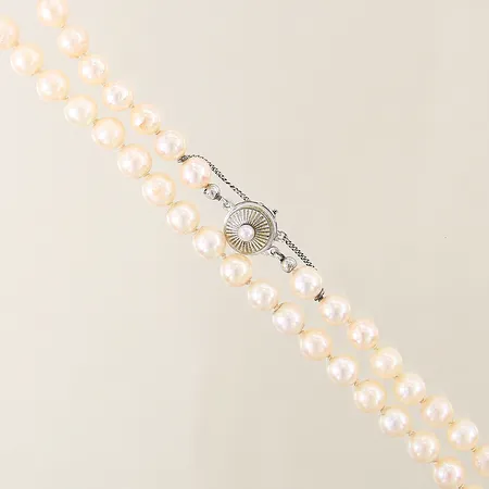 Pärlcollier 53st odlade saltvattenpärlor Ø6,8-7,4mm något slitna, längd 45cm, säkerhetskedja, silverlås 835/1000 Vikt: 0 g