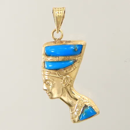 Hänge Nefertiti 30x14,5mm blå plastdetaljer arabiska stämplar 18K Vikt: 2,2 g