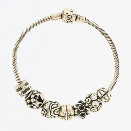 Armband Pandora stelt, Ø52-62cm, 7 berlocker, ALE, original ask, silver 925/1000 Vikt: 38,5 g