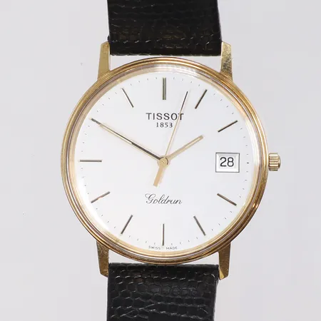 Herrur Tissot Goldrun, Ø34mm, quartz, datum, orginalband, gravyr, batteribyte krävs, med box, 18K i boett, bruttovikt Vikt: 29,7 g