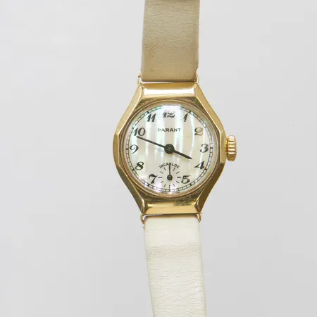 Damur Parant 14K manuell 24x20mm, läderarmband slitage, bruttovikt: 14,5g.