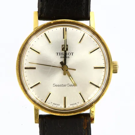 Herrur Tissot Seastar Seven 18K, Ø32mm, plastglas, läderband original med slitage, något repig boett, gravyr, inga tillbehör, defekt krona Vikt: 0 g