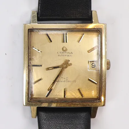 Herrur Certina T+C Town and Country guldtonad stål automatisk 30 x 30mm, ref 5821 115, serienr 6189091, datum, plexiglas, repigt glas, gravyr, svart läderband, inga övriga tillbehör