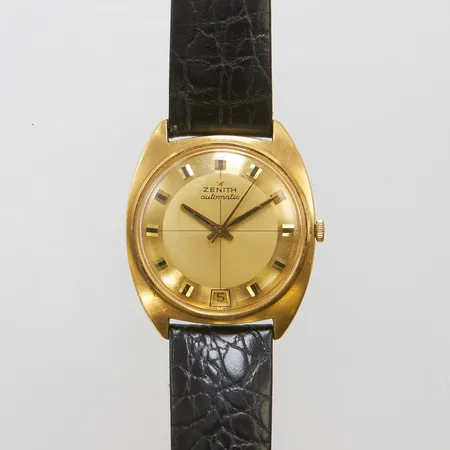Herrur Zenith 18K automatisk, 33mm, boettnr 827D644, datum, läderarmband ej original, inga tillbehör.