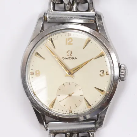 Herrur Omega, manuell uppdragning, Ø36mm, caliber 265, boettnr 2639-6, serienummer 12898065, 15 jewels, stål, repigt glas, ej orginal länk, inga övriga tillbehör