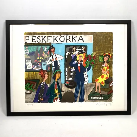 Tavla färglitografi av Marika Lang (född 1961) Feskekörka signerad och numrerad 28/250 bildstorlek 30x24 cm ramad 