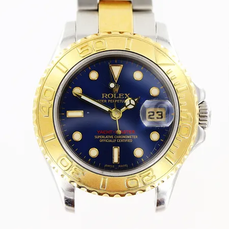 Damur Rolex Yacht-Master, stål/guld, automatisk, 29mm, ref 169623, serienr P895455, caliber 2235, verknr A 0821056, boettnr 2270, certifikat 011219 Douglas Krook AB Malmö, Oysterlänk ca 17,5cm defekta delar och delar som saknas, etui, ytterkartong med slitage.