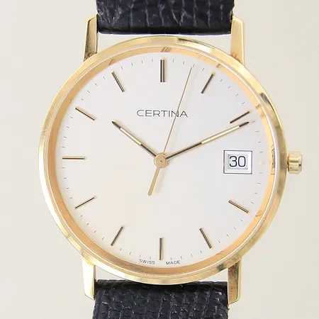Herrur Certina 14K quartz Ø33mm serie-nr: EOL 158.9289.65, safirglas, datum, läderband med slitage, repig, inga tillbehör