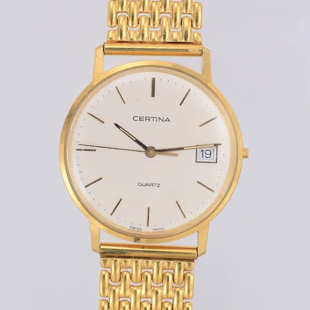 Herrur Certina 18K quartz Ø33,5mm, EOL 115929968, datum, armband i stål längd 16,5cm bredd 17mm, yrkesgravyr, står still, saknar krona, inga tillbehör