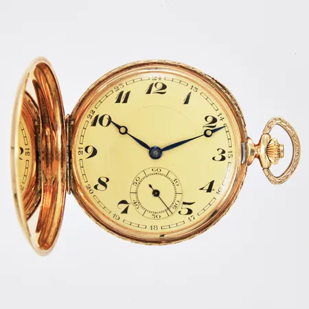 Fickur Savonette två boetter i 14K manuell Ø ca 47mm boettnummer 764880 innerboett i metall gravyr med etui 