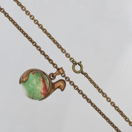 Collier Fågel Kalevala Koru design Pentti Sarpaneva längd 70,5cm bredd 2,5mm hänge grön sten 26mm, Finland, brons