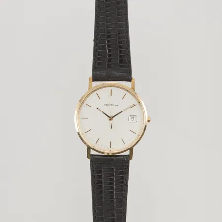 Herrur Certina 33,5mm 14K, quartz, gravyr, läderband, box Vikt: 0 g